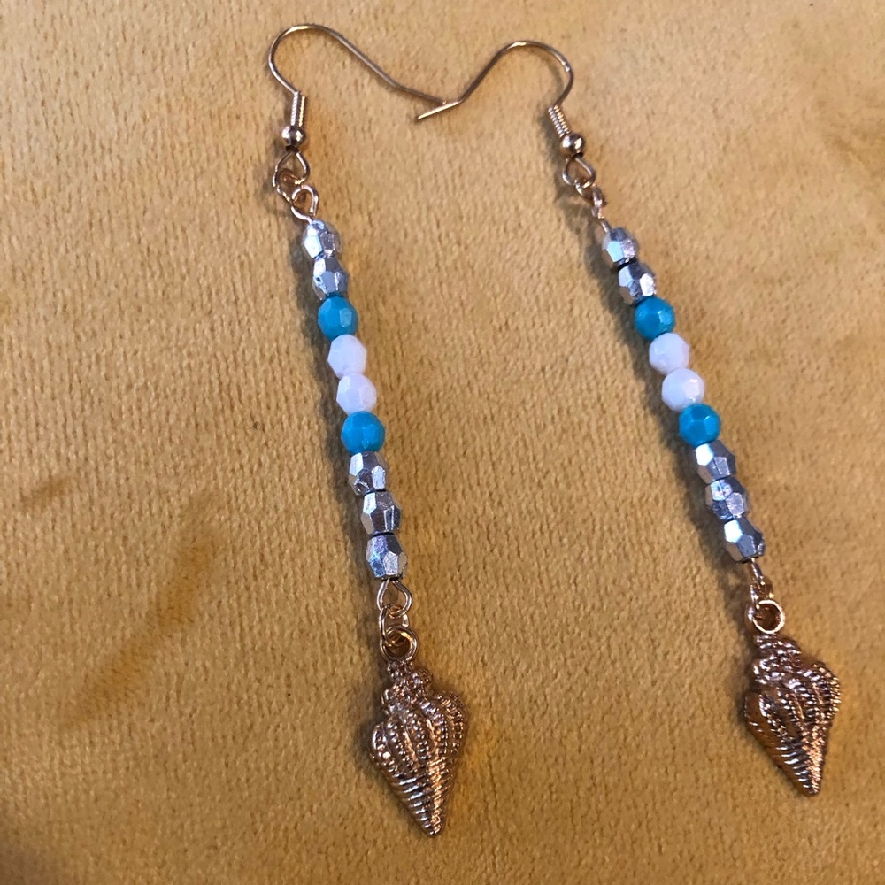 Gold Shell Drop Earrings with Silver Blue White Beads Dangle Statement Jewelry